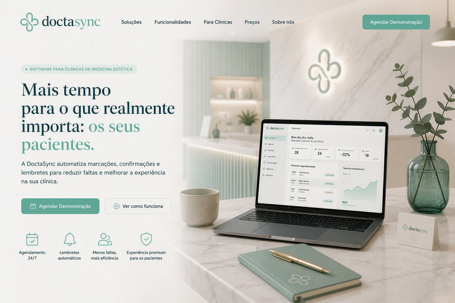 Porque escolher o DoctaSync? ✅ Configuração rápida ✅ Sem contratos complicados ✅ Solução profissional ✅ Foco em clínicas de estética ✅ Suporte personalizado